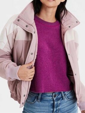 American Eagle Dusty Rose Pink Tri-Color Zip Puffer Jacket Women’s Size XL
